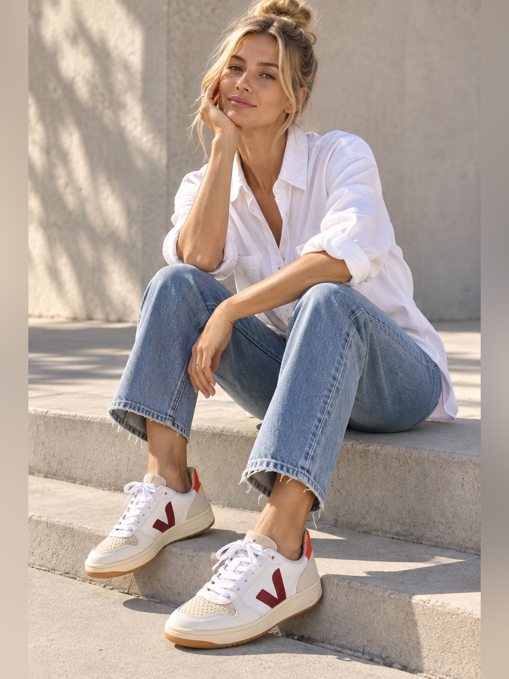 VEJA V-10 Leather/ Suede Sneakers White Marsala Red Natural Size 8